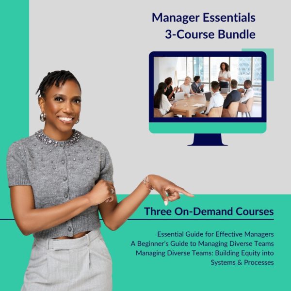Product image for the Manager Essentials course bundle. Instructor Marie Deveaux points to the course list, which focuses on leadership, managing diversity, and building equity in the workplace.